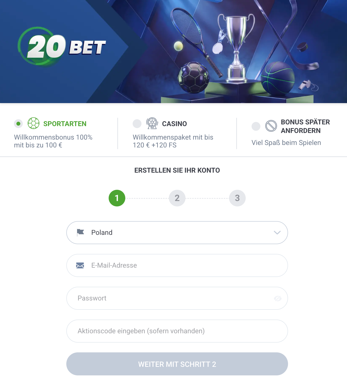 Registrierungsformular von 20Bet